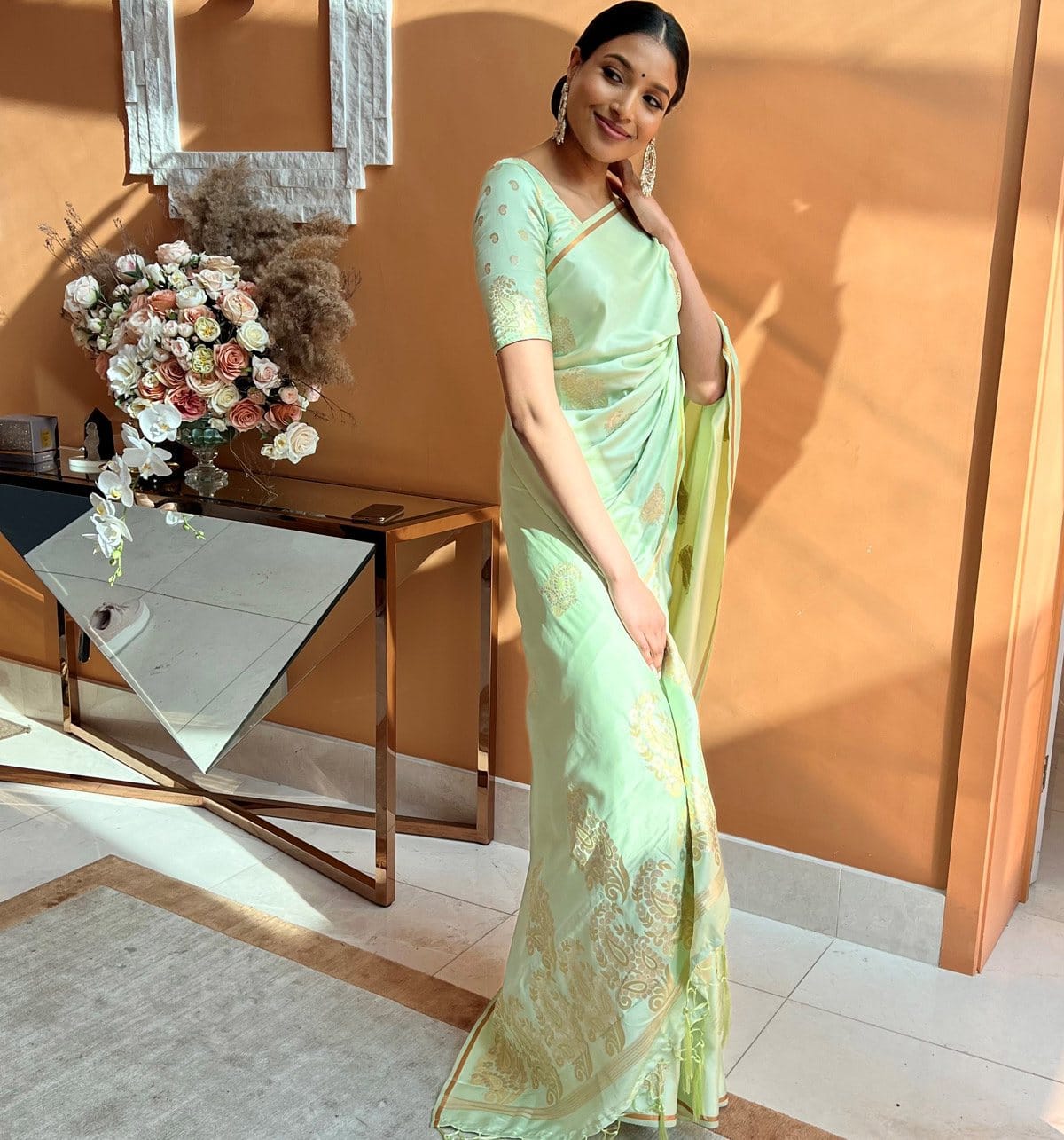 Signature Pastel Green Saree - FRESHERS PARTY LOOK IN SAREE
