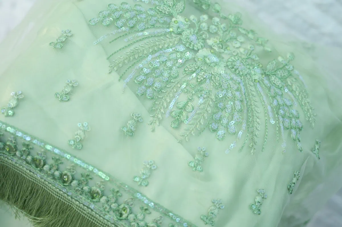 Mother Of Dragons Green Satin Silk Saree - Closeup 2